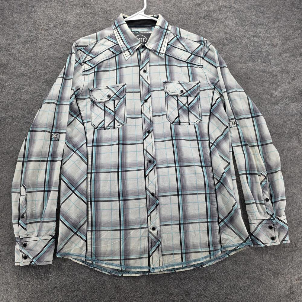 BKE Shirt Mens Medium Gray Blue Plaid Pearl Snap Western Slim Fit Cotton Casual